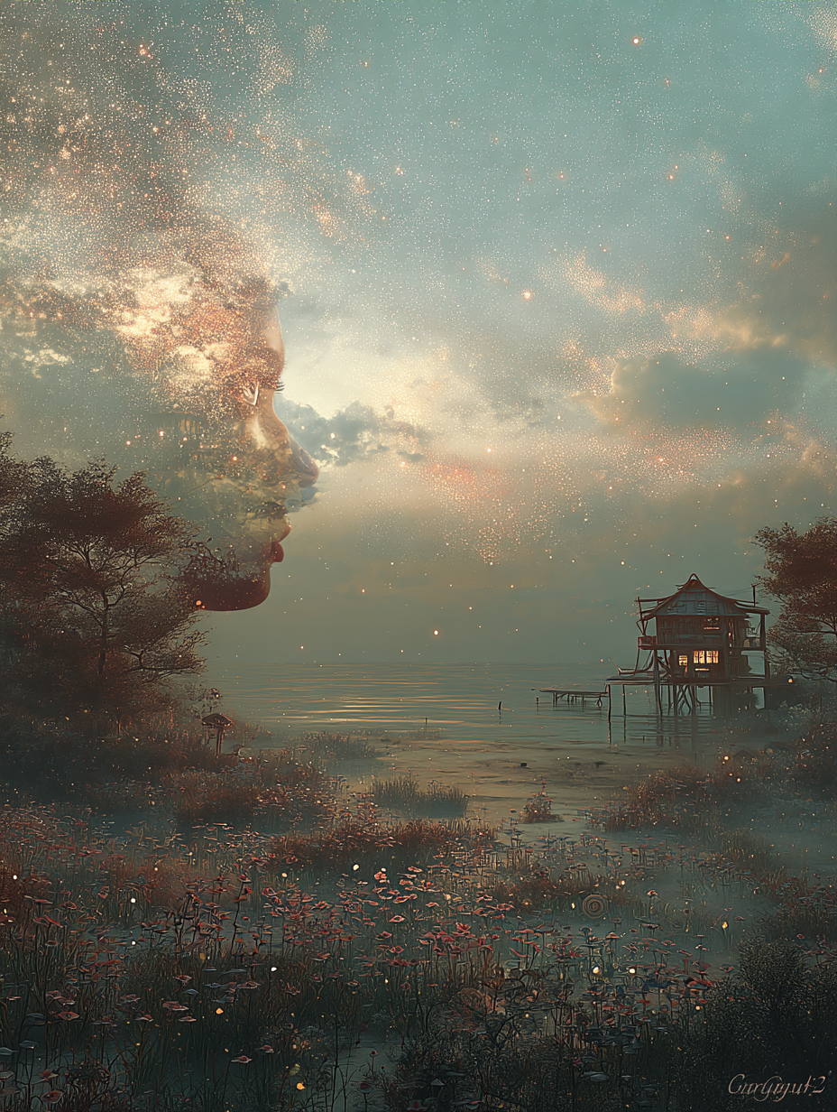“A digital art piece of an ethereal landscape with a serene sea, a small wooden house on the shore, and in front is a person’s face made out of stars, gazing upwards towards a sky filled with galaxies. the ground beneath them has wildflowers blooming, creating a magical atmosphere. this scene conveys tranquility and wonder, symbolizing a connection to nature and cosmic wonders. --ar 3:4”~MJ