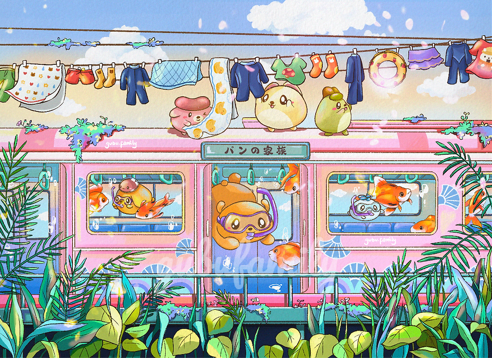 cute characters on a train snorkelling with goldfish illustration drawing