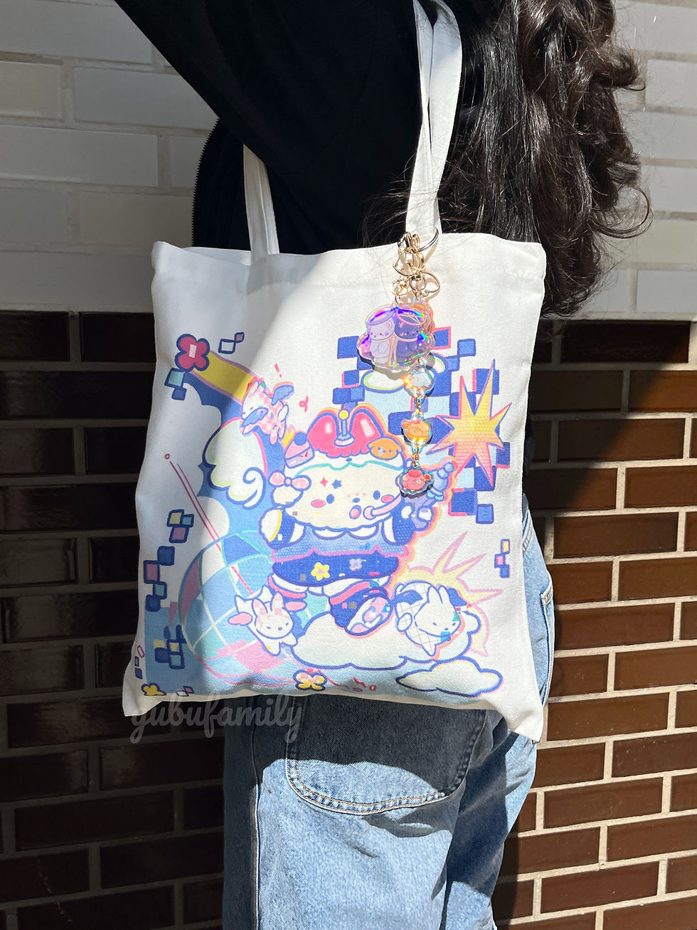 Thumbnail: Aesthetic kawaii tote bag with colorful anime-inspired graphics, soft pastel canvas handbag featuring cute cloud and bunny