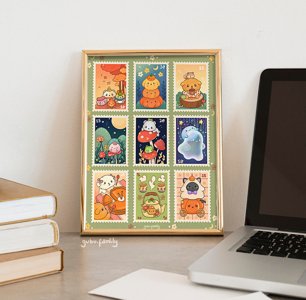 Thumbnail: colorful fall autumn art print wall print desk decor ghosts pumpkins