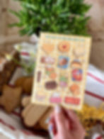 a6 post card showing various british biscuits in cute cartoon illustrations
