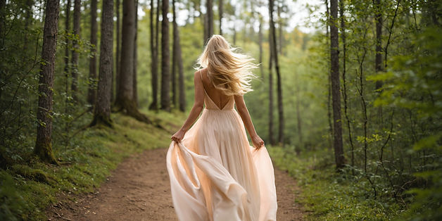A blonde woman with long hair walking into the woods, away from the camera, dress swaying 