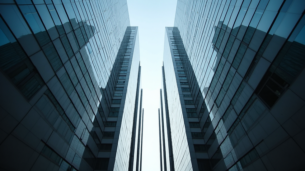 Eye-level view of a modern office building in a global city