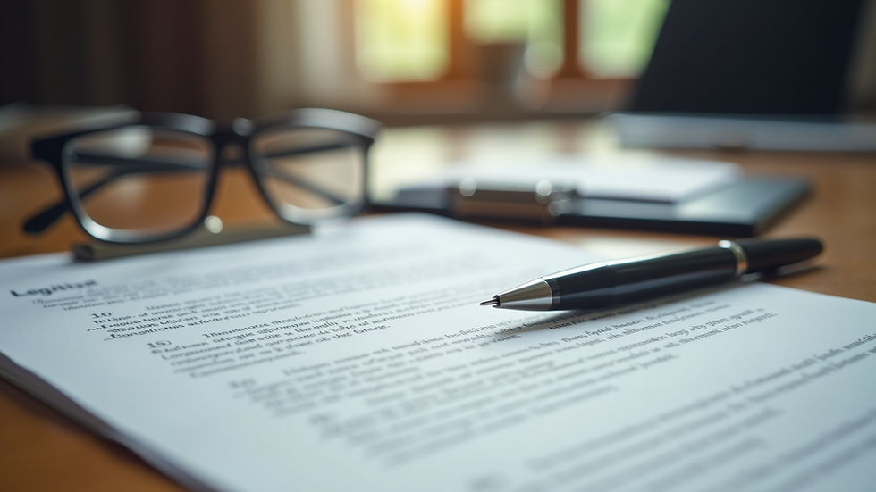 Eye-level view of a legal document with a pen and glasses on a wooden desk