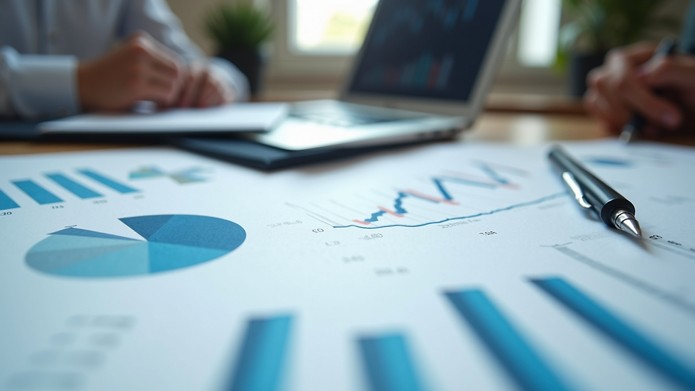 Close-up view of pricing strategy documents and financial reports on a desk