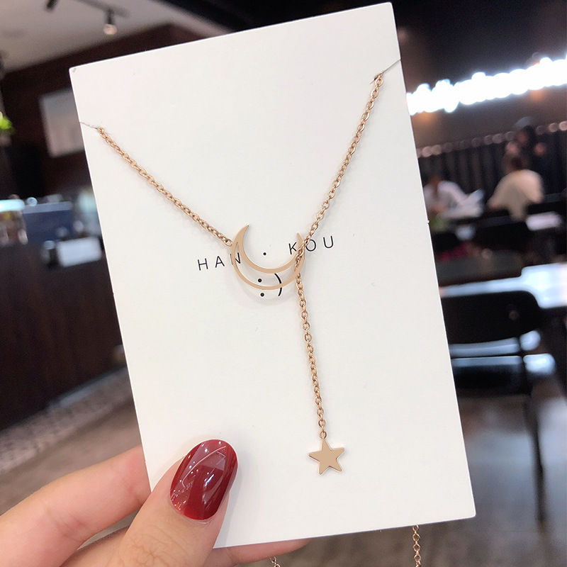 Thumbnail: Trendy Moon Star Pendant Choker Necklace Simple Gold Color Alloy Charm Chain Col
