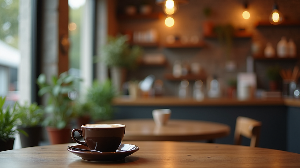 Eye-level view of a cozy coffee shop with a welcoming atmosphere