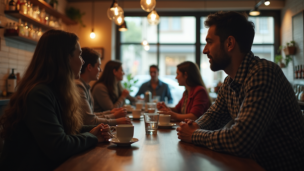 Eye-level view of a small group gathered in a cozy coffee shop