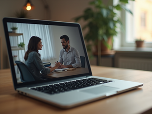 Eye-level view of a laptop on a wooden desk with a video call screen showing a couple in therapy