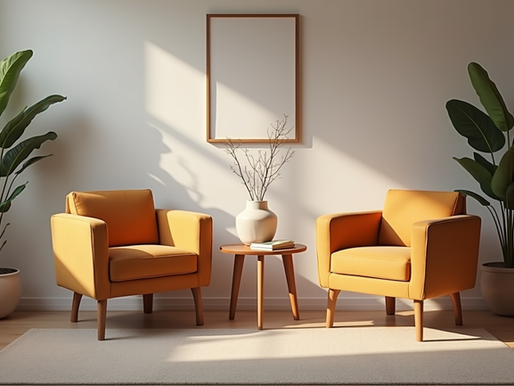 Eye-level view of a cozy therapy room with two chairs facing each other