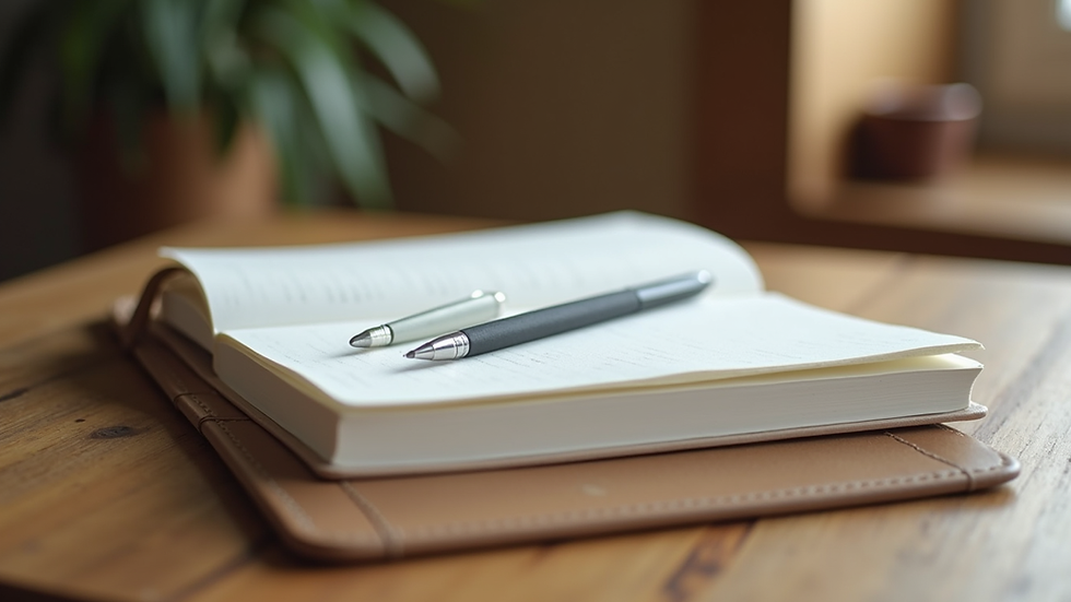 Close-up view of a journal and pen on a wooden table