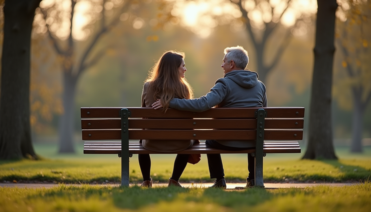 Eye-level view of a couple sitting together on a park bench, talking calmly