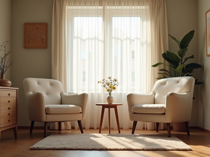Eye-level view of a cozy therapy room with two chairs facing each other