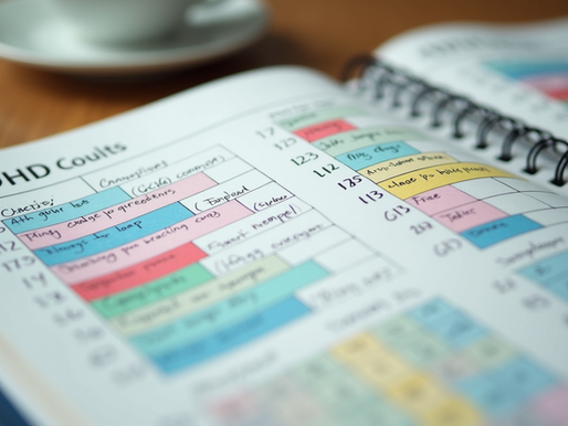 Eye-level view of a notebook with colorful ADHD symptom tracking charts
