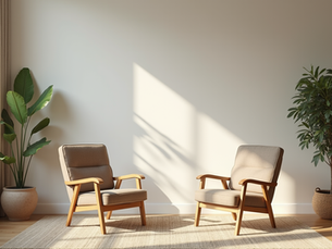 Eye-level view of a quiet living room with two empty chairs facing each other