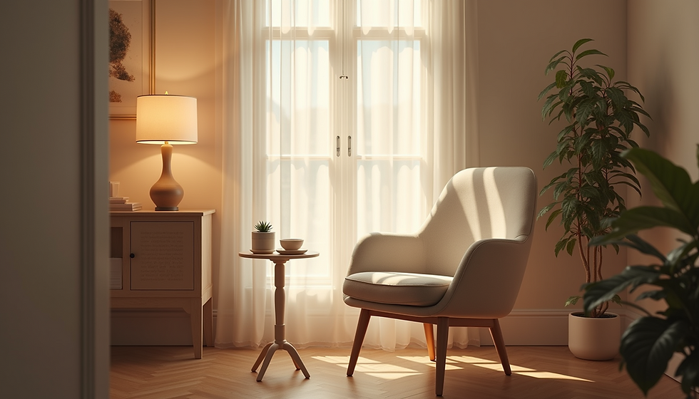 Eye-level view of a calm therapy room with a comfortable chair and soft lighting