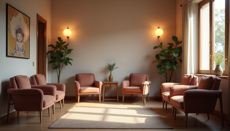 Eye-level view of a counseling session room with comfortable chairs and soft lighting