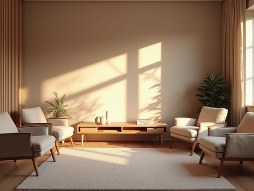 Eye-level view of a calm therapy room with comfortable chairs and soft lighting in Kathmandu