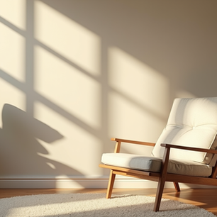 Eye-level view of a calm room with a comfortable chair and soft lighting
