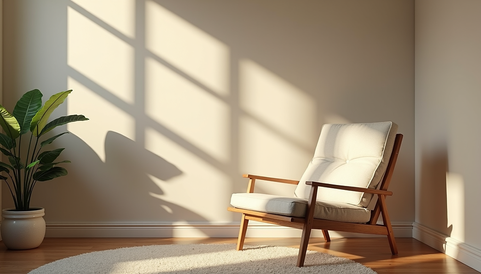 Eye-level view of a calm room with a comfortable chair and soft lighting