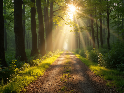 Eye-level view of a quiet forest path with soft sunlight filtering through the trees