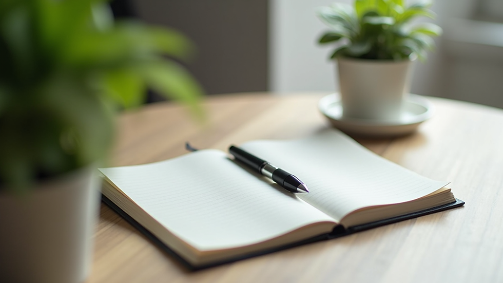 Close-up view of a notebook and pen on a table with a calming plant nearby