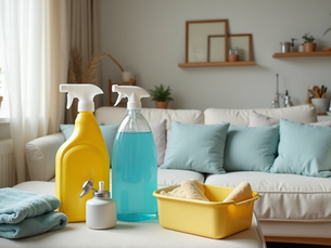 Eye-level view of a tidy living room corner with labeled cleaning zones