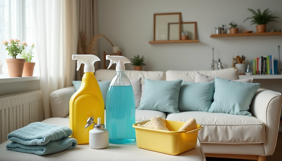 Eye-level view of a tidy living room corner with labeled cleaning zones
