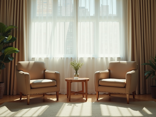 Eye-level view of a cozy counseling room with two chairs and a small table