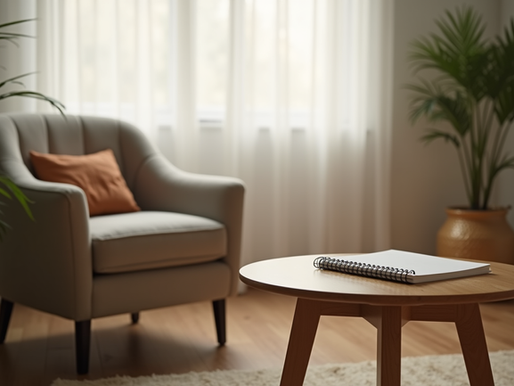 Eye-level view of a therapist's cozy office with a comfortable chair and a notebook on a small table