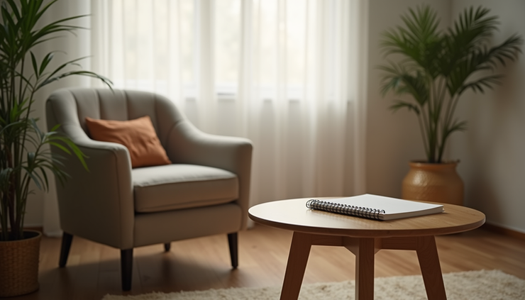 Eye-level view of a therapist's cozy office with a comfortable chair and a notebook on a small table