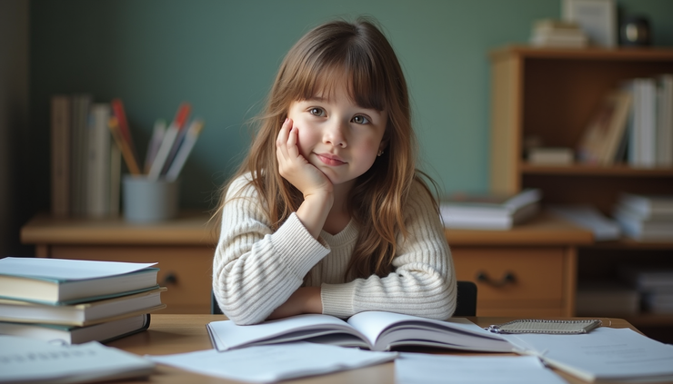 Eye-level view of a young girl sitting at a desk with scattered school books and a thoughtful expression