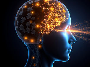 A digital illustration of a human profile, with a brain depicted as glowing, interconnected neural networks and puzzle pieces, on a dark background.