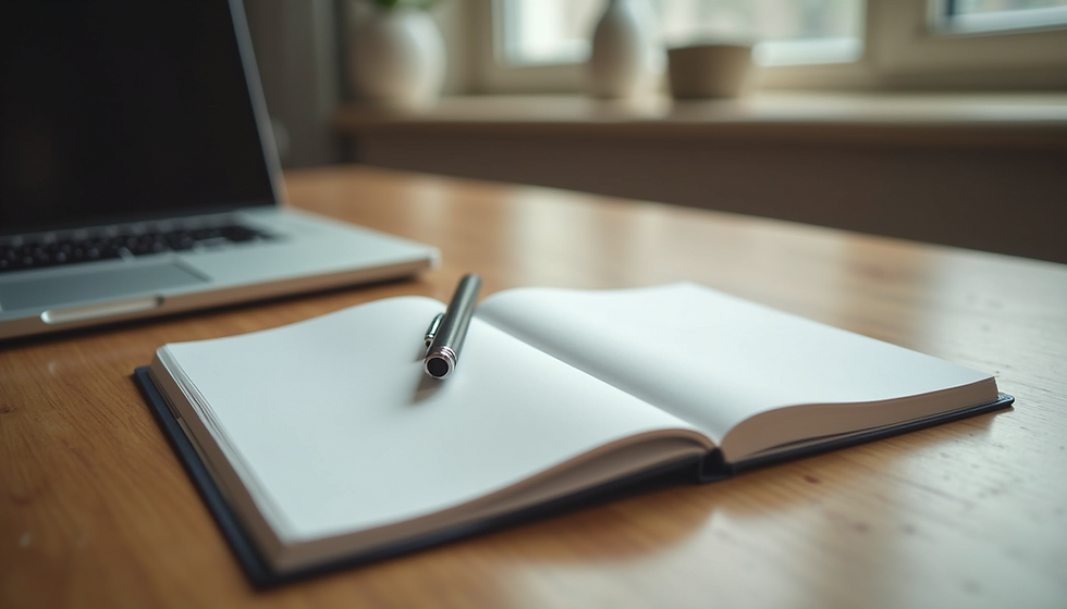 Eye-level view of a journal and pen on a wooden desk symbolizing mental health reflection