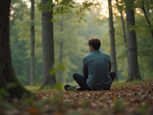 Eye-level view of a person sitting quietly in nature, reflecting thoughtfully