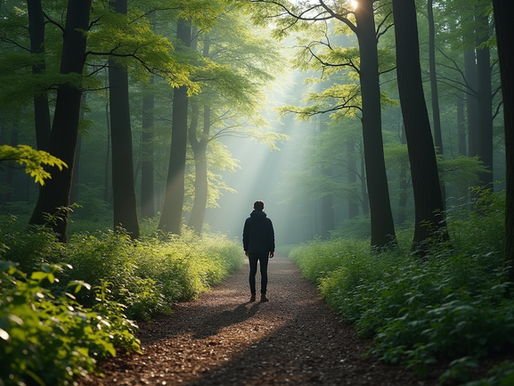 Eye-level view of a person standing at the edge of a forest path, looking forward into the unknown