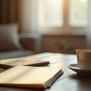 Eye-level view of a quiet room with a desk, a notebook, and a cup of tea