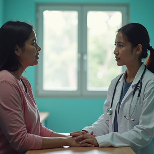 Eye-level view of a Nepalese clinic reception with a patient speaking to a healthcare worker