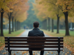 Eye-level view of a person sitting alone on a park bench looking away thoughtfully
