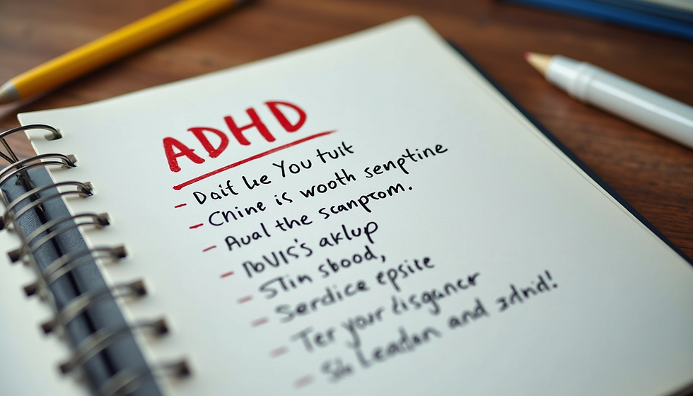 Eye-level view of a notebook with handwritten notes and a pen on a wooden desk