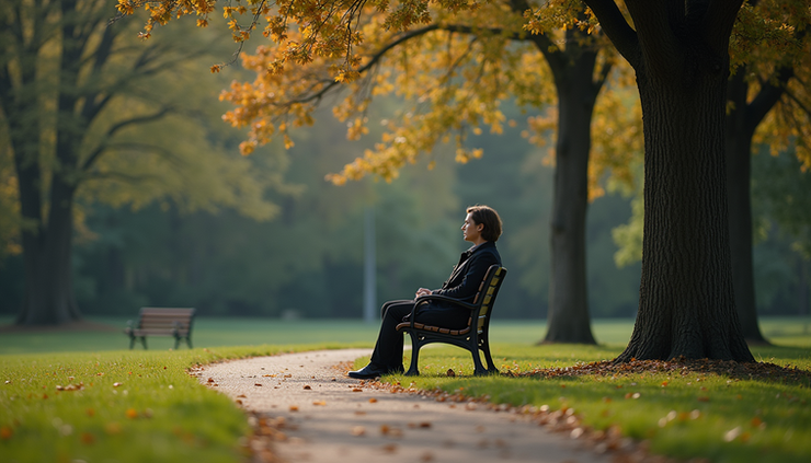 Eye-level view of a solitary person sitting on a park bench looking away