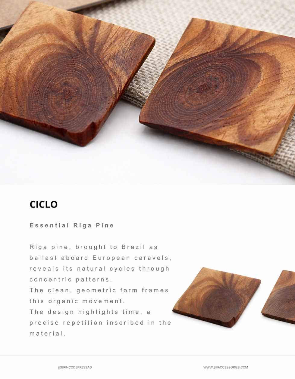 Handcrafted clip-on earrings made from reclaimed Brazilian wood, featuring natural grain textures and a contemporary minimalist design.