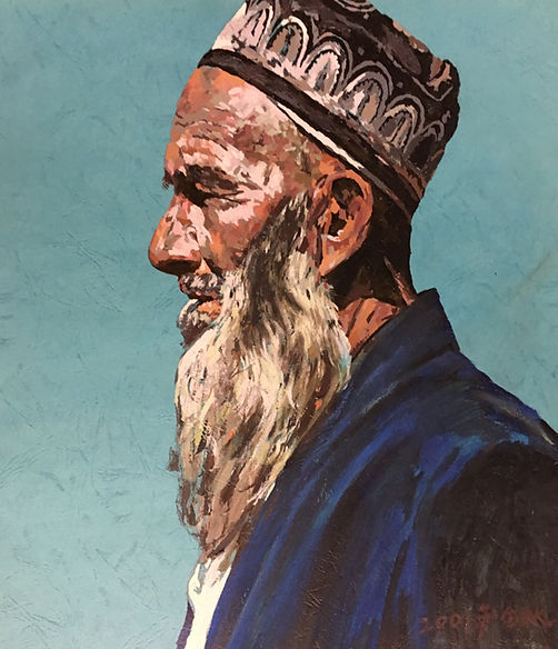 巜远古呼唤》大型系列組画节选一一《远眺𢇁路的老人》（38x52cm)油画.JP