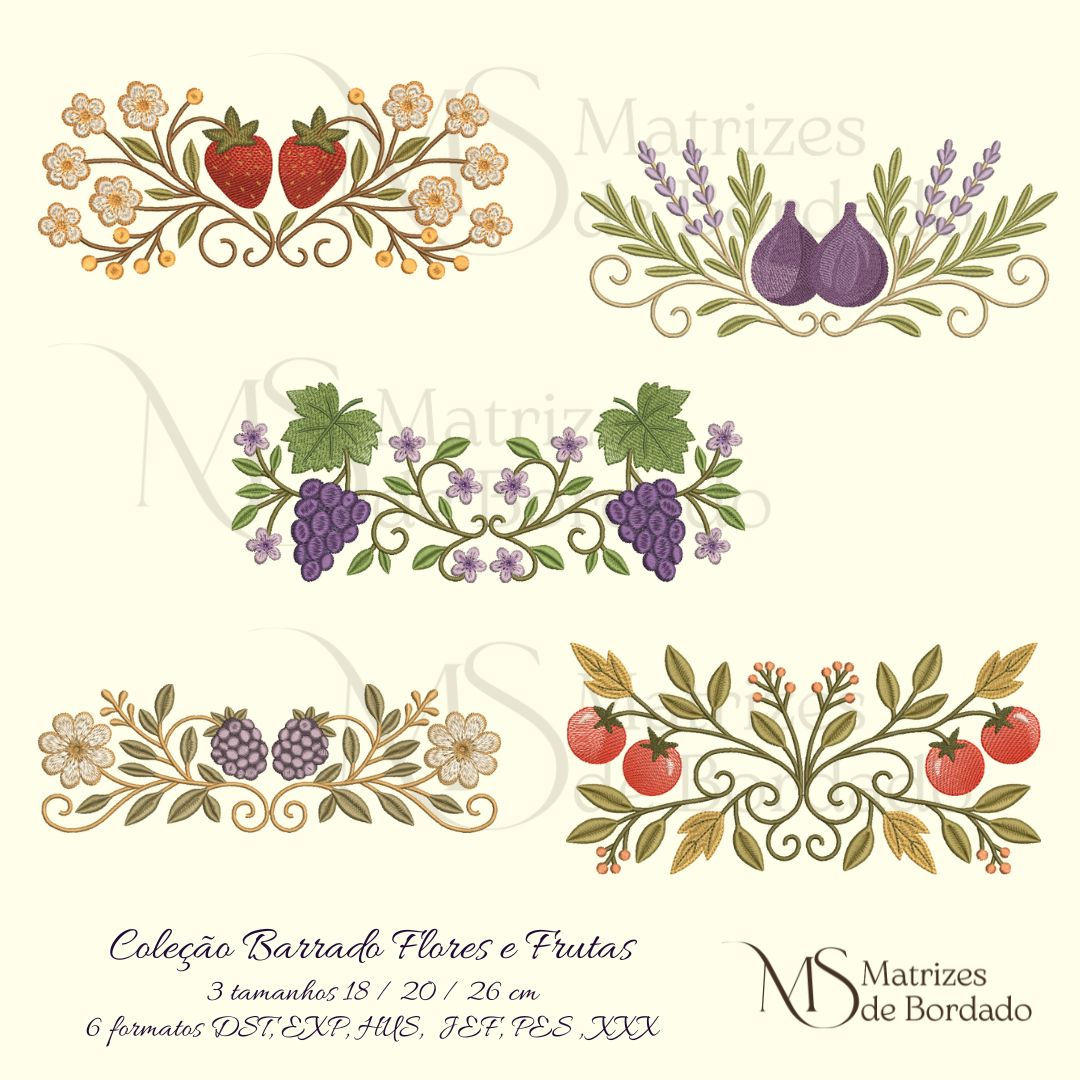 Matrizes de bordado com arabesco de flores e frutas