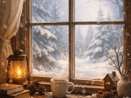 Χειμωνιάτικο εσωτερικό δωμάτιο με απαλό φως και κούπα σε επιφάνεια.