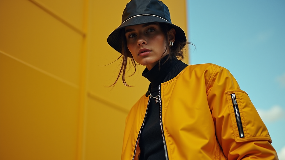 Close-up view of a yellow bomber jacket paired with casual streetwear