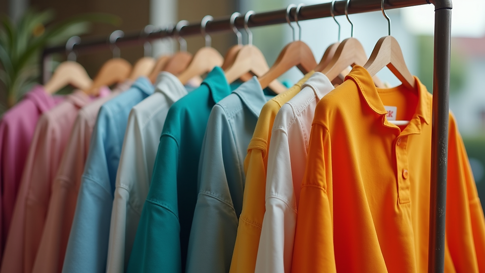 Close-up view of colorful gender-neutral clothing on displayed hangers