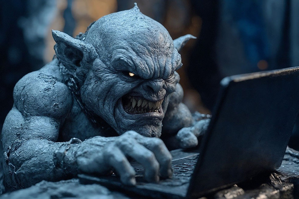 An unattractive troll leers while typing on laptop