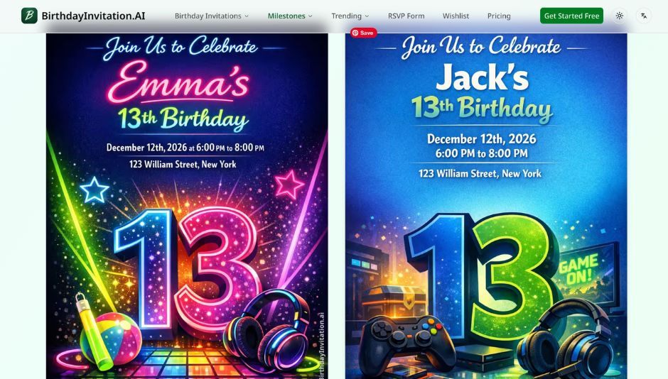 BirthdayInvitation.AI generated birthday invitation example using milestone birthday, 13 years old