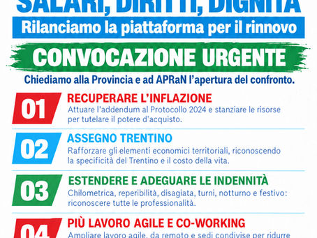 CCPL 2025–2027: salari, diritti e dignità. Chiesta una convocazione urgente al Presidente della PAT